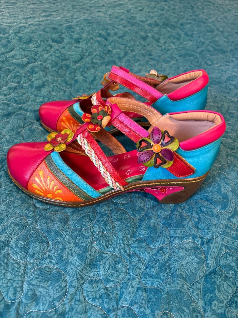 Colorful Unbranded Vintage-Style Leather Mary Jane Block Heel Shoes Size 9.5